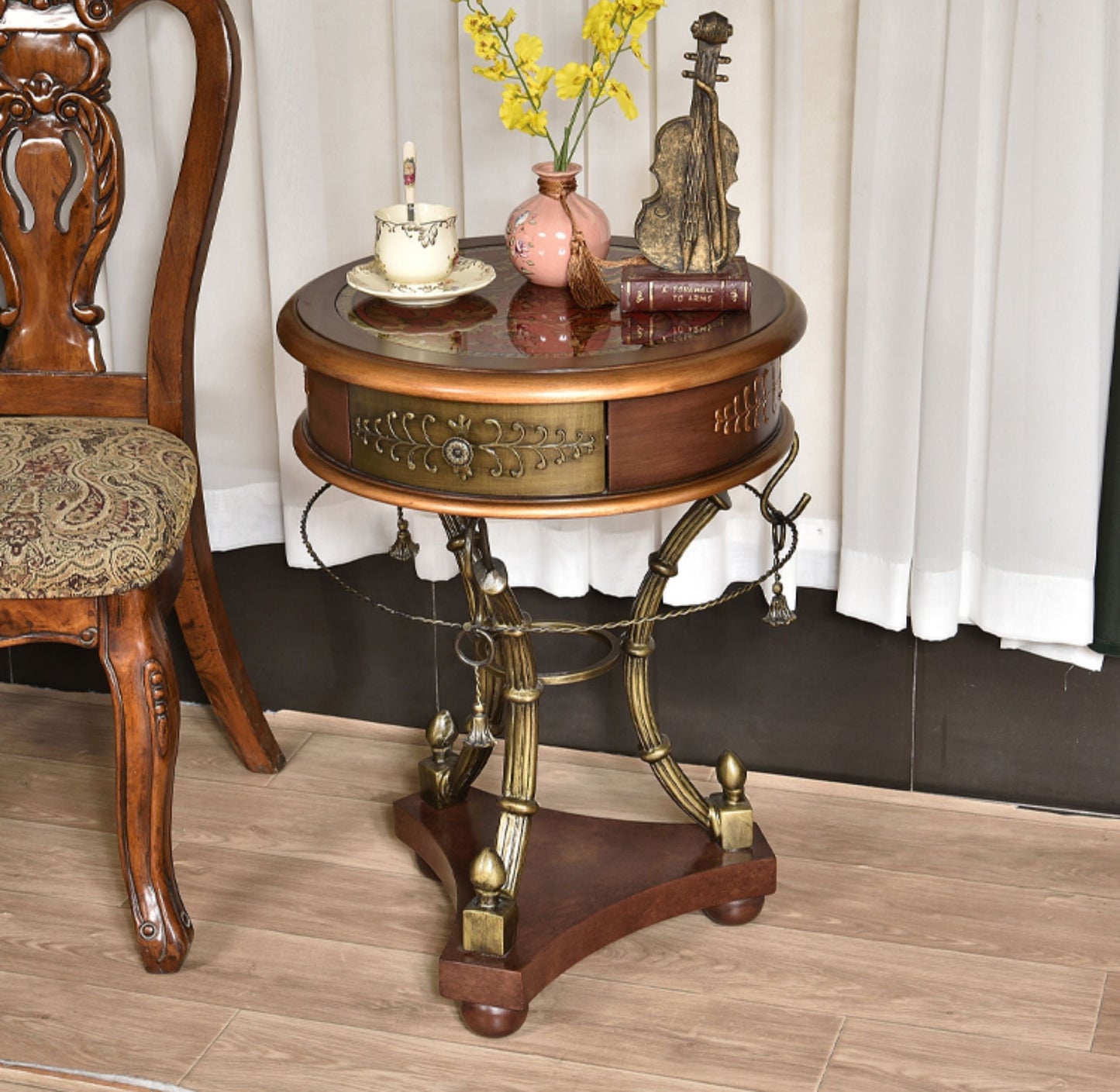 Vintage Round Side Table, Solid Wood Iron & Glass End Table, Classic Painted Accent Furniture