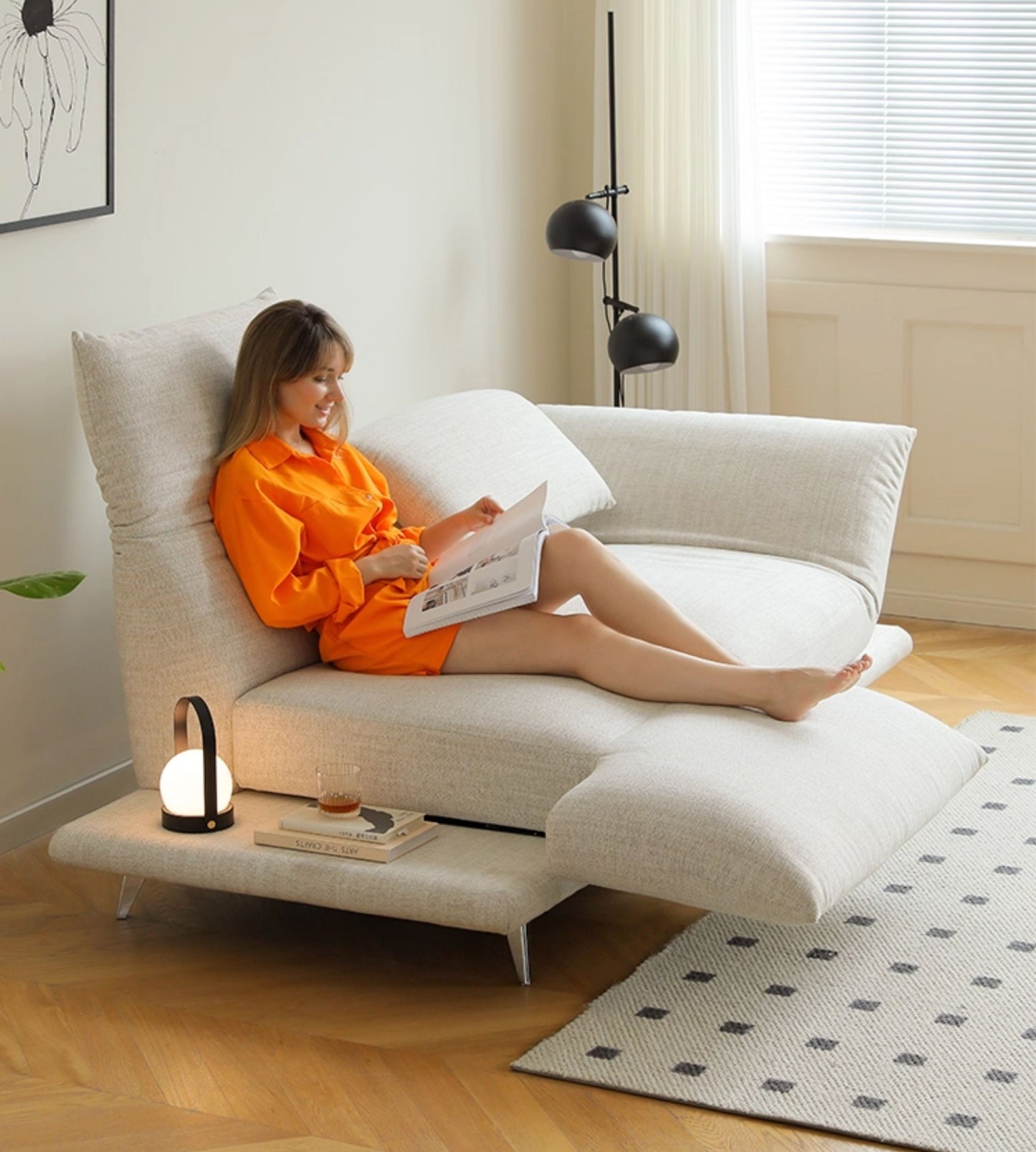 Modern Transforming Sofa – Flexible Convertible Island-Style Sofa, Compact Apartment Living Room Couch, Cream White Fabric Recliner