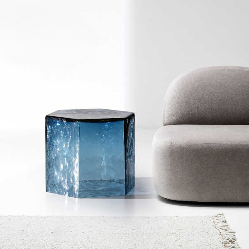 Modern Resin Gradient Hexagon Side Table, Artistic Blue Transparent Pedestal Accent, Fully Assembled