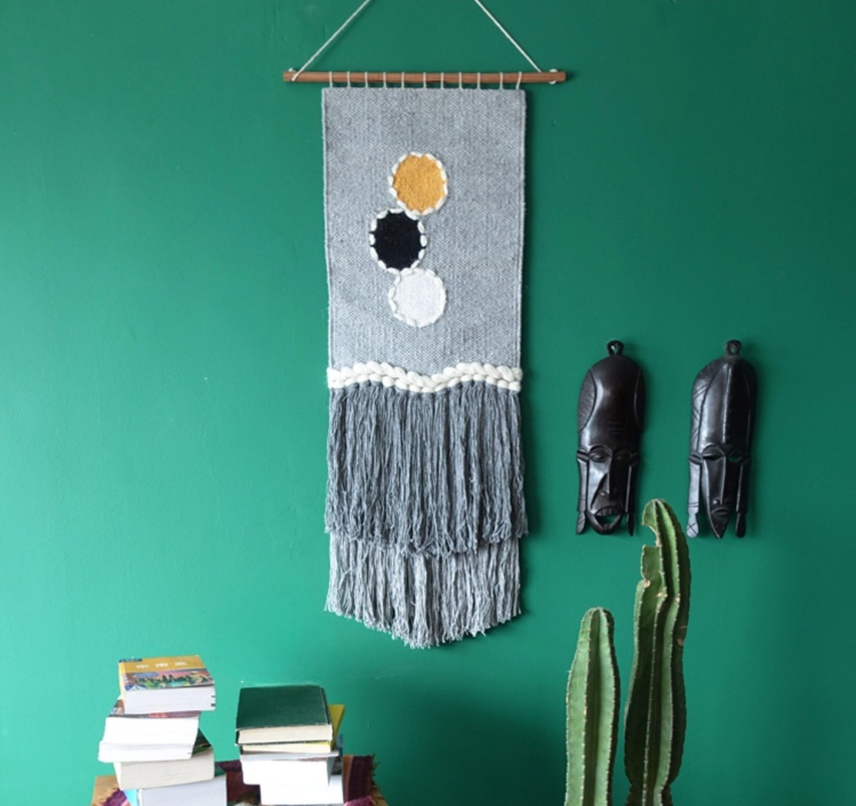Woven Wall Hanging – Modern Abstract Circles Art Tapestry, Large Boho Grey Color Block with Tassels, Living Room/Bedroom Accent