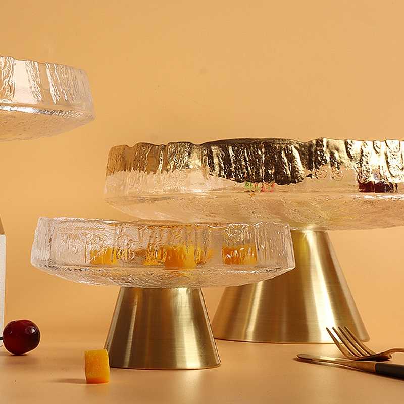 Luxury Gold Foil Glass Fruit Tray Set, Modern High-Foot Snack Organizer, Decorative Copper Base Display Bowls for Home & Countertop