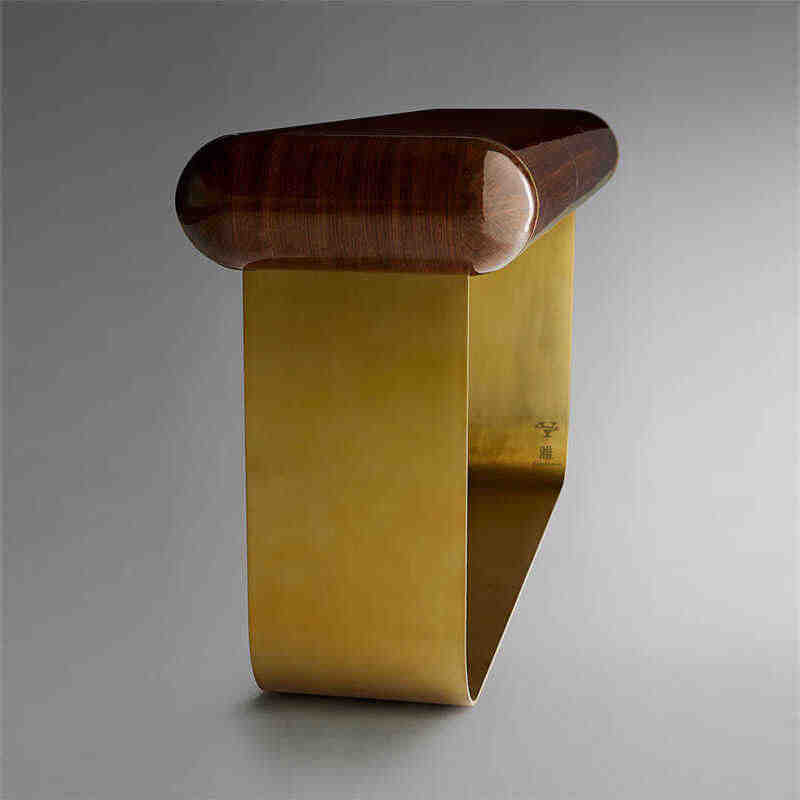 Designer Walnut Console Table with Brass Base – Luxury Modern Entryway Table with Drawer Storage, Cosintemporary Curved Wood and Metal Hall Table