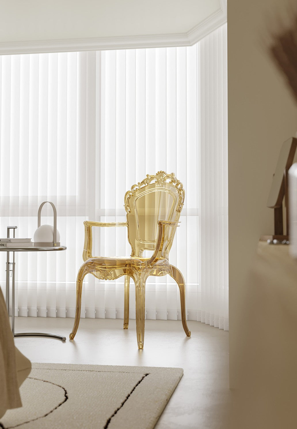 Acrylic Princess Dining Chair, Vintage Crystal "Ghost" Queen-Back Armchair – Amber Transparent