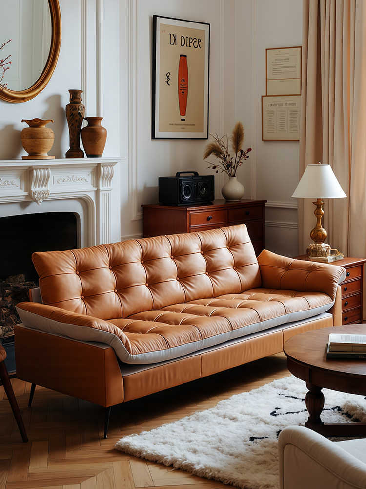 Vintage Leather Sailboat Sofa – Retro Designer 3-Seater for Living Room, Homestay, or Café, Tufted Couch