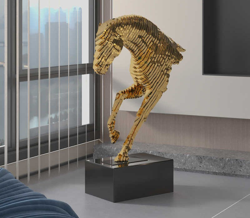 Modern Gold Pixel Horse Head Sculpture, Large Floor Standing Art Decor for Hotel Lobby, Villa & Showroom, Luxury Statement Piece