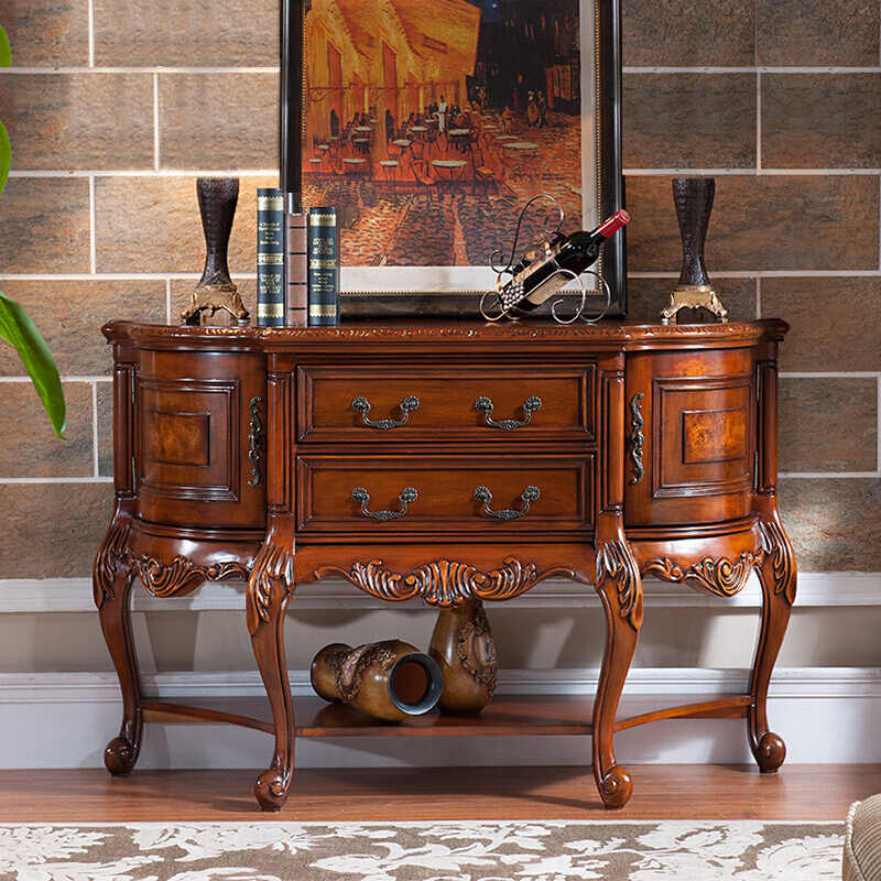 Classic American Solid Wood Half-Moon Console Table – European Style Carved Entryway Demilune Hall Table with Storage Drawers & Display Shelf