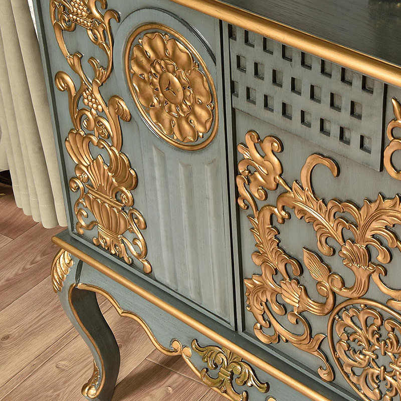 French Neoclassical Carved Console Cabinet with Gold Baroque Relief & Cabriole Legs, Luxury Entry Hall Storage Furniture