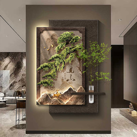 Luxury Pine Tree 3D Wall Art with LED and Hydroponic Vase, High-End Mountain Landscape Entryway Decorative Painting, Premium Relief Corridor Mural