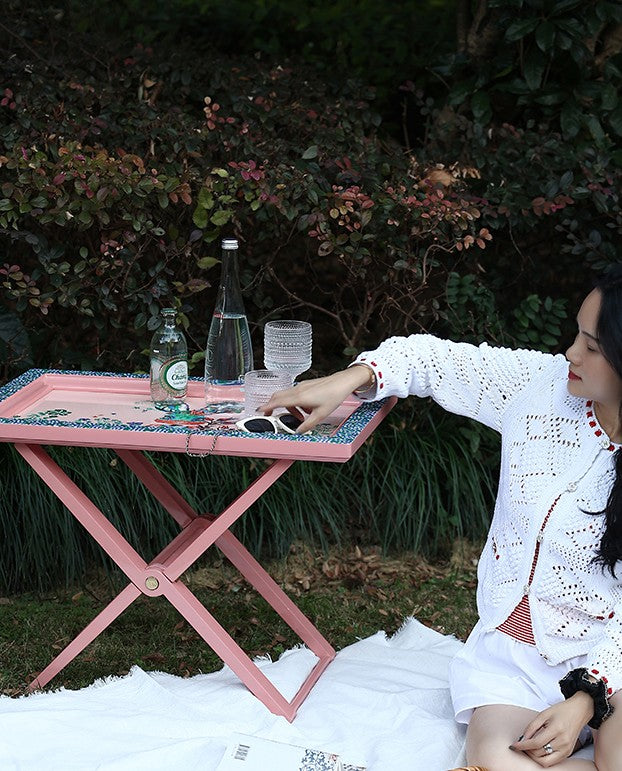 Birch Wood Folding Tea Table, Hand-Painted Floral Garden Bunny Design Side Table, Portable TV Tray with Pink Frame