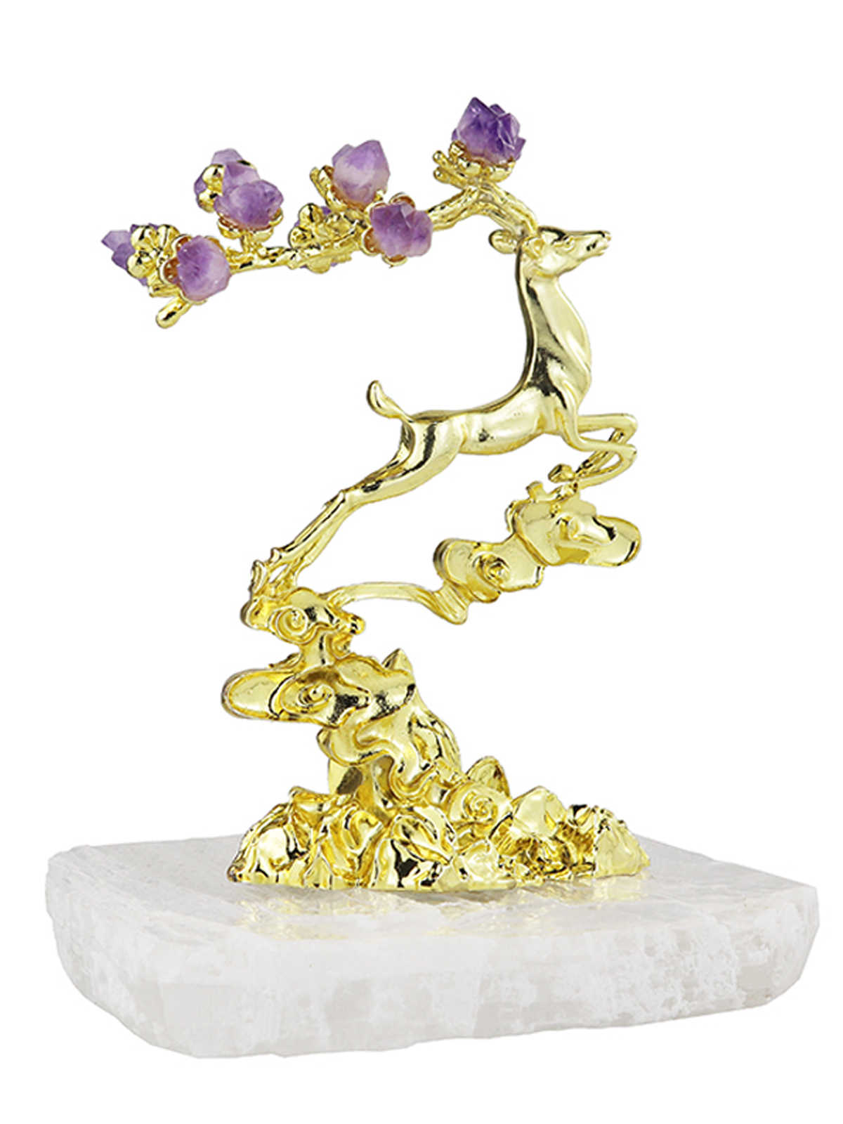 Luxury Crystal Agate Deer Figurine – Golden Antler Amethyst Floral Decor, Modern Living Room, Entryway, TV Cabinet Sculpture
