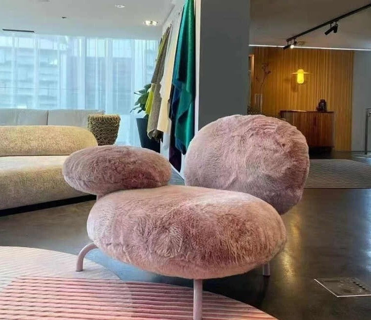 French Luxury Faux Rabbit Fur Lounge Chair, Designer Pink Cipria Pouf Sofa, Modern Glam Single Accent Armchair