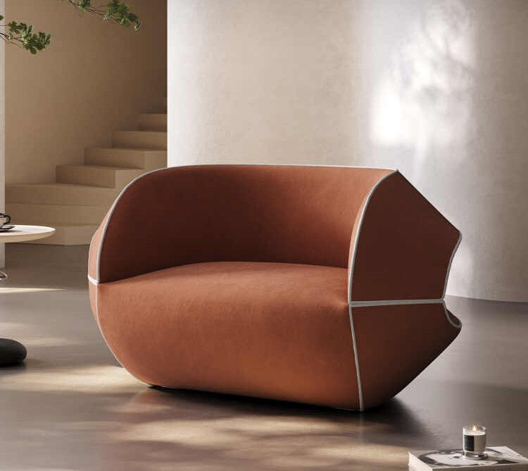 Italian Contemporary Arc Sofa – Curved Terracotta Design for Luxury Villa Living, Designer Statement Seating with White Contrast Piping