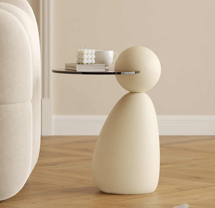 French Cream Style Glass Sculptural Side Table, Modern Minimalist End Table for Small Spaces & Bedside Use