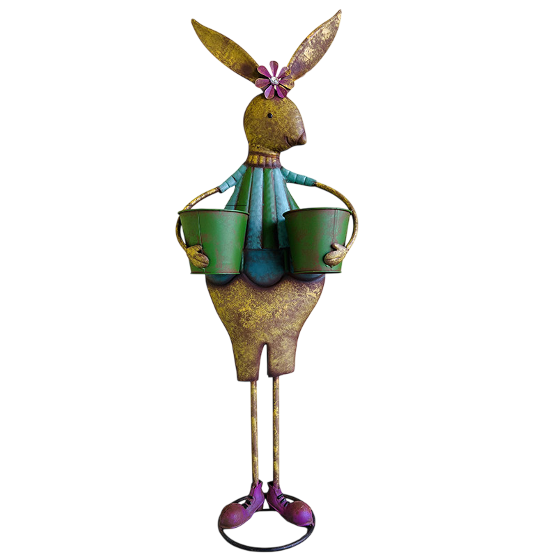 Set of 2 Antique Green and Bronze Metal Rabbit Garden Statues, Rustic Bunny Planter and Basket Figurines, Freestanding Yard Art for Patio, Porch, Courtyard, Balcony and Indoor Décor