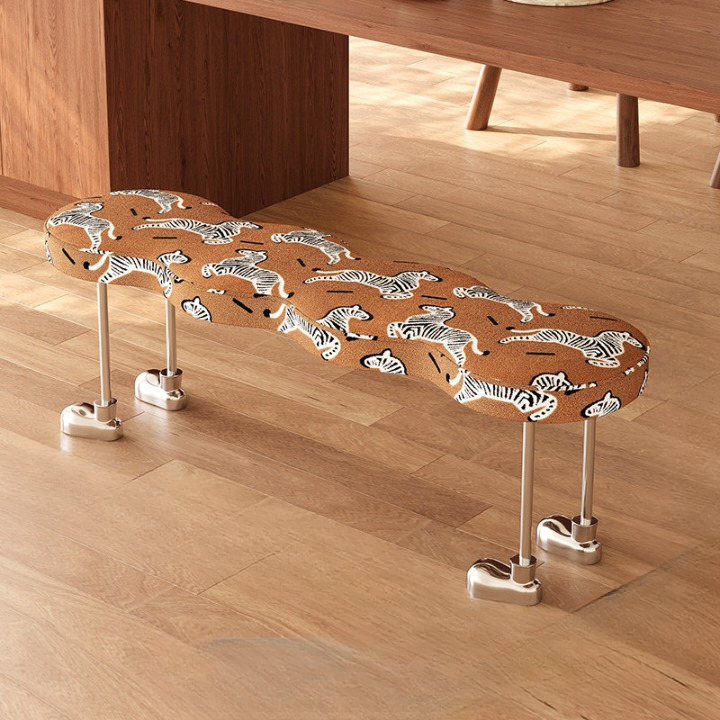 Zebra Print Upholstered Bench, Modern Entryway Bench with Chrome Tone Legs, Animal Pattern End of Bed Bench for Dining Room, Bedroom, Hallway, Kitchen Island, and Living Room