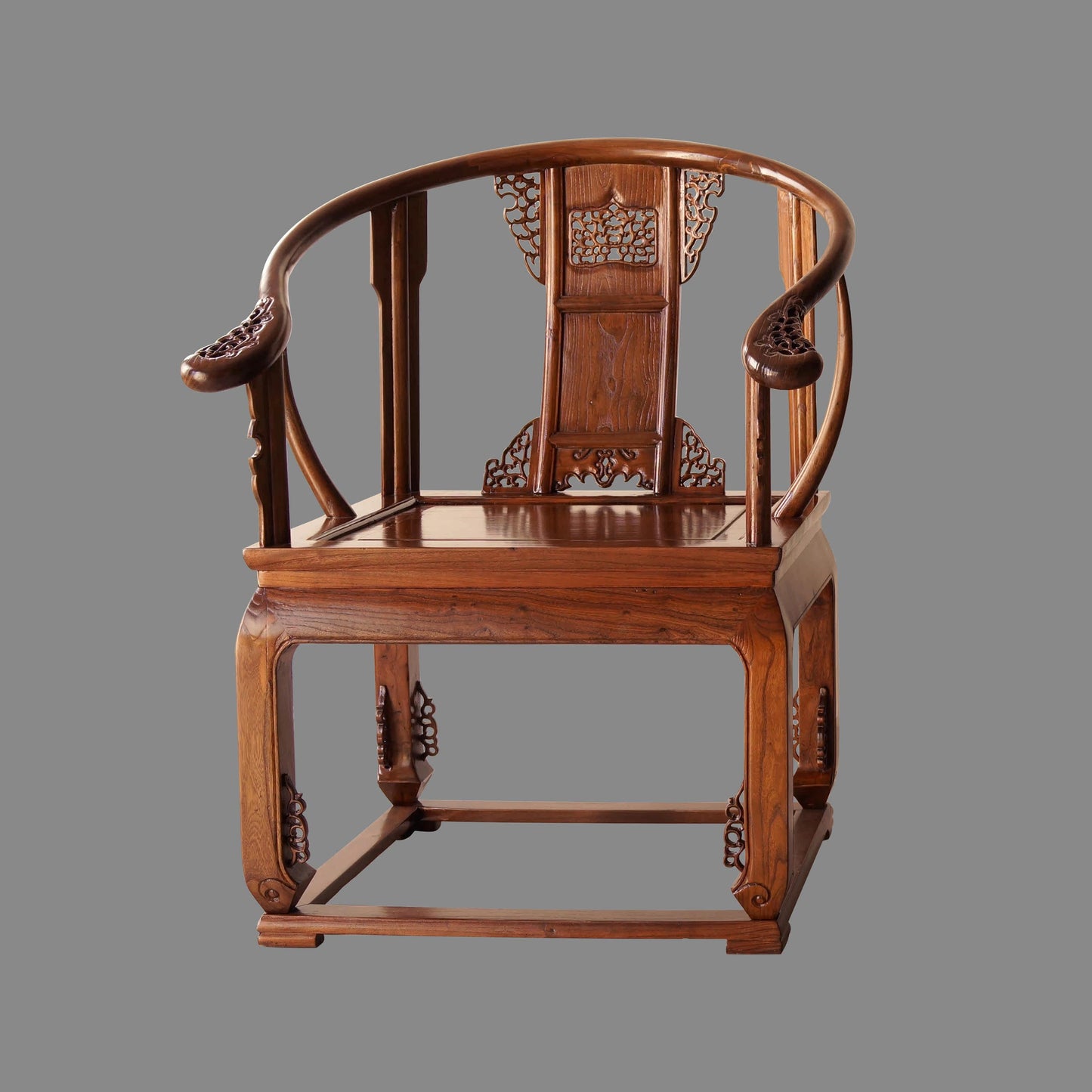 Solid Elm Wood Horseshoe Armchair, Chinese Tea Chair, Walnut Brown