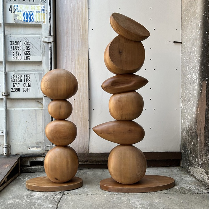 2 Piece Abstract Ash Wood Floor Sculpture Set, Modern Stacked Art Decor