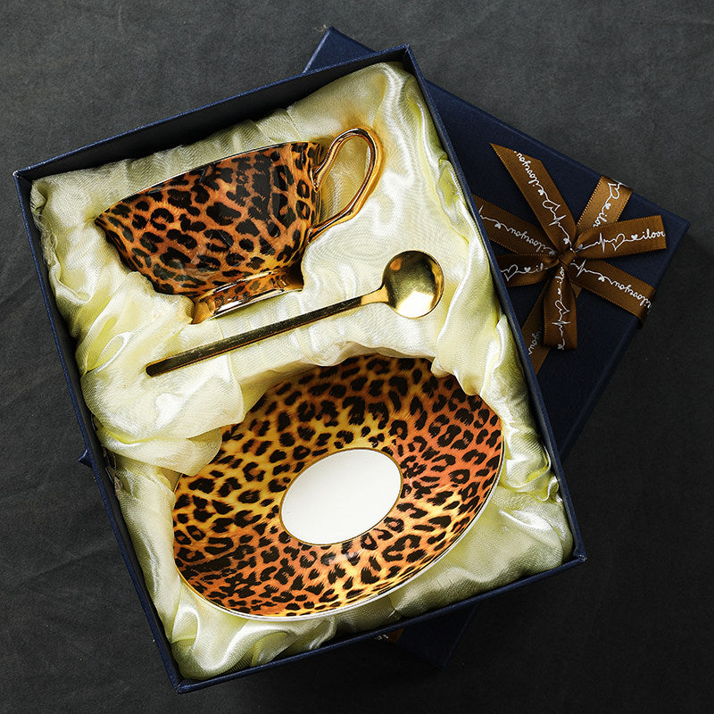 Leopard Print Ceramic Teacup and Saucer Set with Matching Spoon, Gold-Tone Handle and Footed Base, 3-Piece Coffee Cup Gift Set for Tea, Cappuccino, Espresso Drinks and Home Office