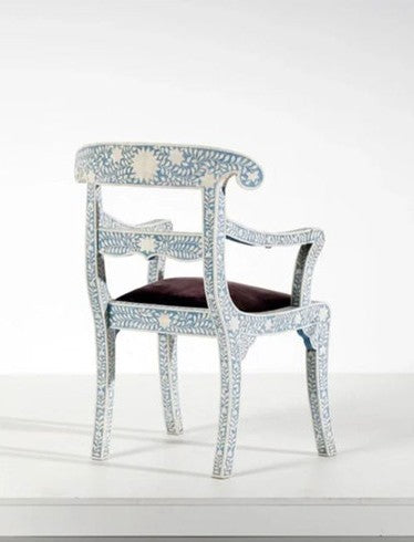 Hand Painted Floral Dining Armchair, Solid Wood Accent Chair with Upholstered Velvet Seat, Blue and White Patterned Vanity Chair, French Country Side Chair for Dining Room, Bedroom, Living Room, and Entryway