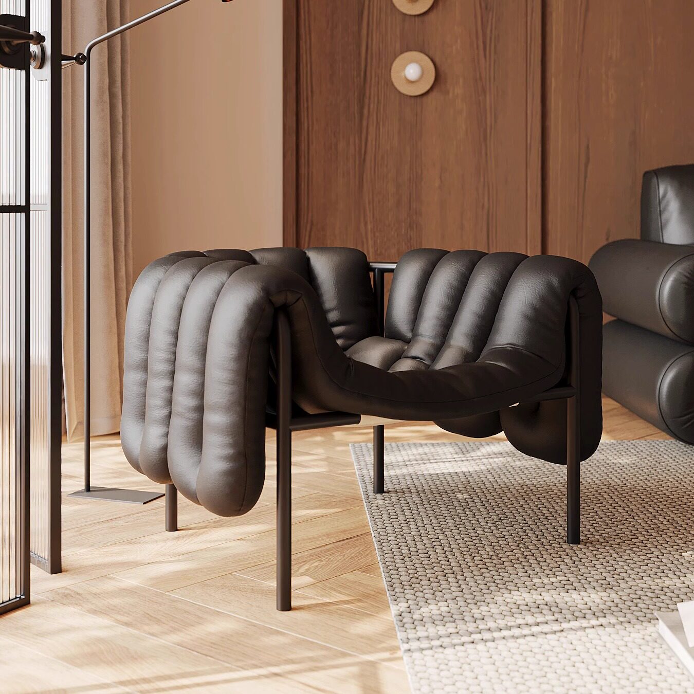 Black Faux Leather Accent Chair, Sculptural Channel-Tufted Lounge Chair with Deep Sling Seat and Black Stainless Steel Frame for Living Room, Bedroom, Office and Reading Nook