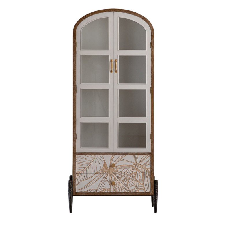 Tall Arched Glass Display Cabinet, Botanical Storage Cabinet, Vintage Entryway Cabinet with Glass Doors and Lower Drawers, Living Room Curio Cabinet, Dining Room Hutch and Hallway Cabinet