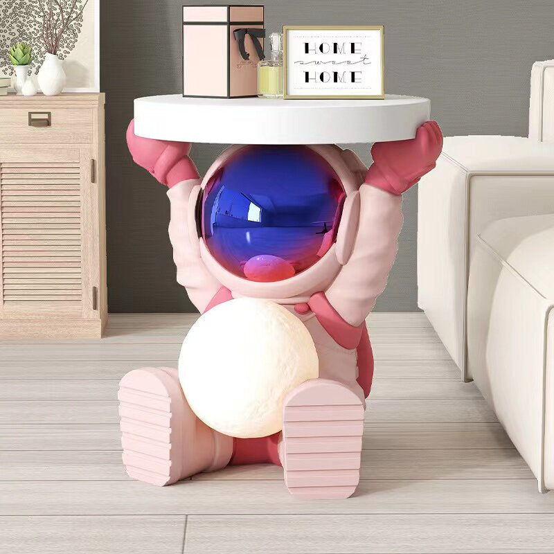 Pink Astronaut Side Table, Round Tray Top Resin Accent End Table, Sculptural Space-Themed Bedside Table for Living Room, Bedroom, Sofa Side, Kids Room and Office