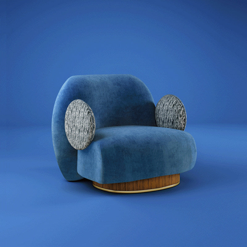 Blue Velvet Swivel Barrel Accent Chair with Decorative Round Side Cushions