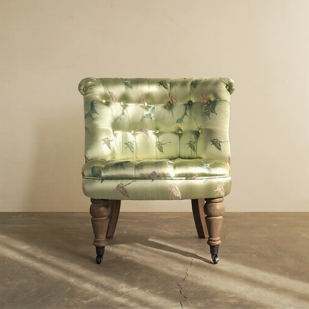 Sage Green Butterfly Accent Chair with Tufted Back and Wood Legs