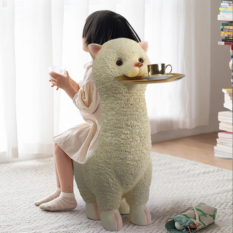 Cream Alpaca Decorative Tray Stand, Cute Animal Floor Shelf with Gold Round Tray, Resin Storage Sculpture for Living Room, Entryway, TV Cabinet, Bedroom and Housewarming Gift