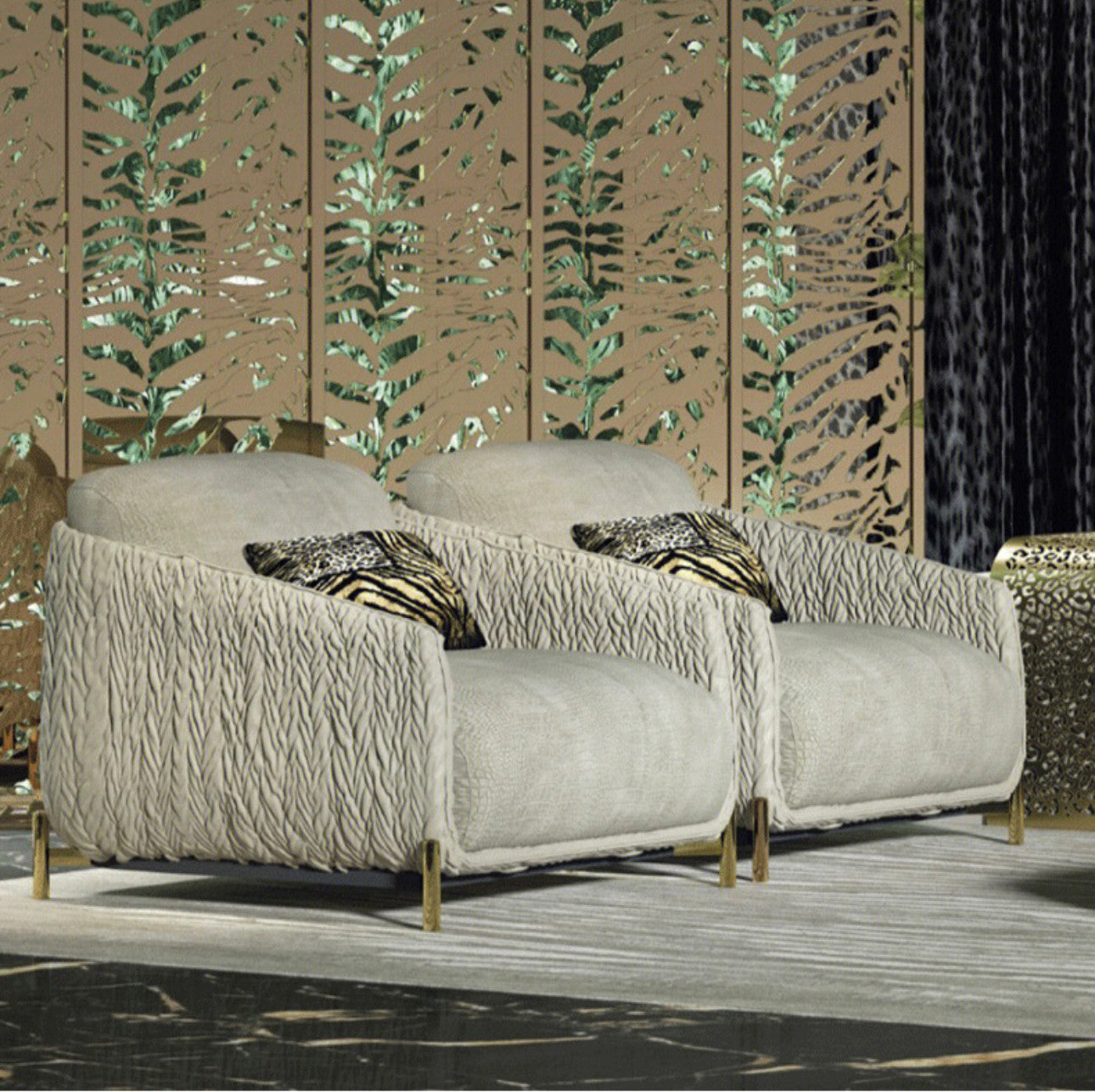 Taupe Leather Accent Chair with Quilted Sides and Gold Metal Legs
