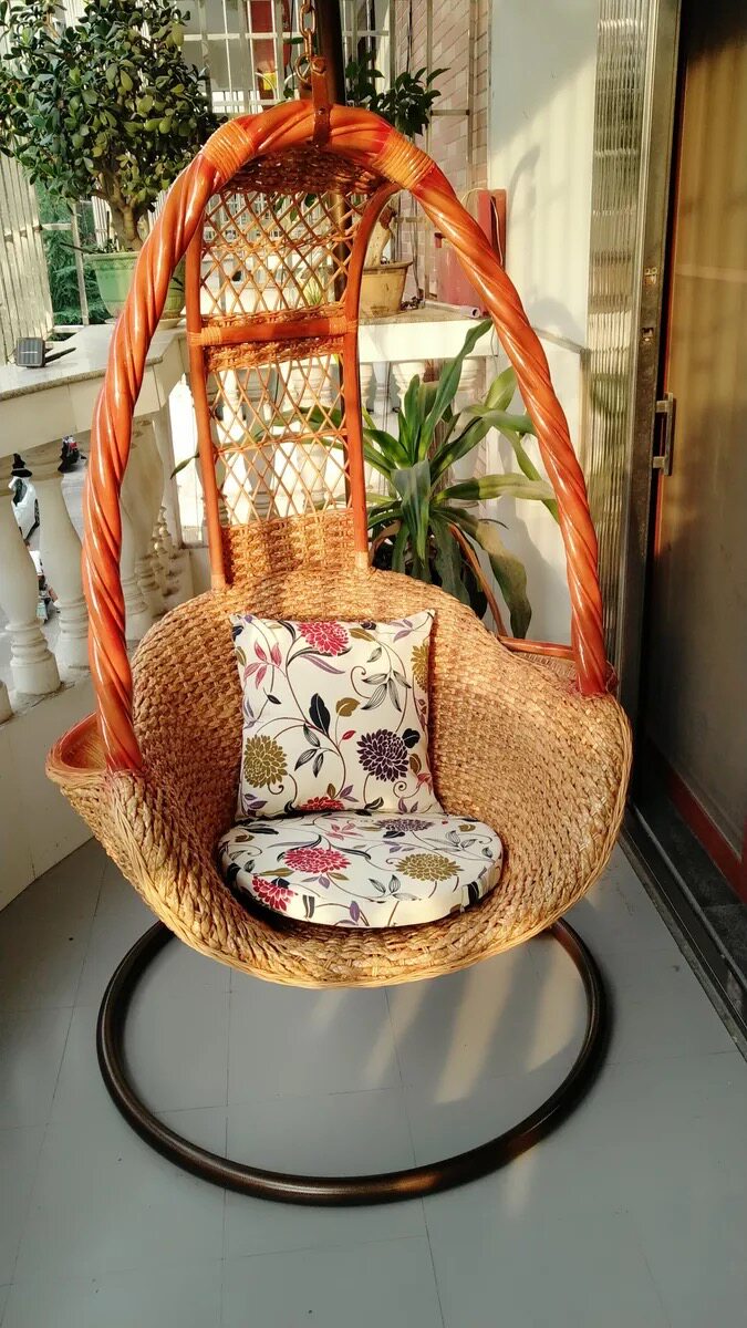 Natural Rattan Hanging Egg Chair with Stand and Cushion, Honey Brown