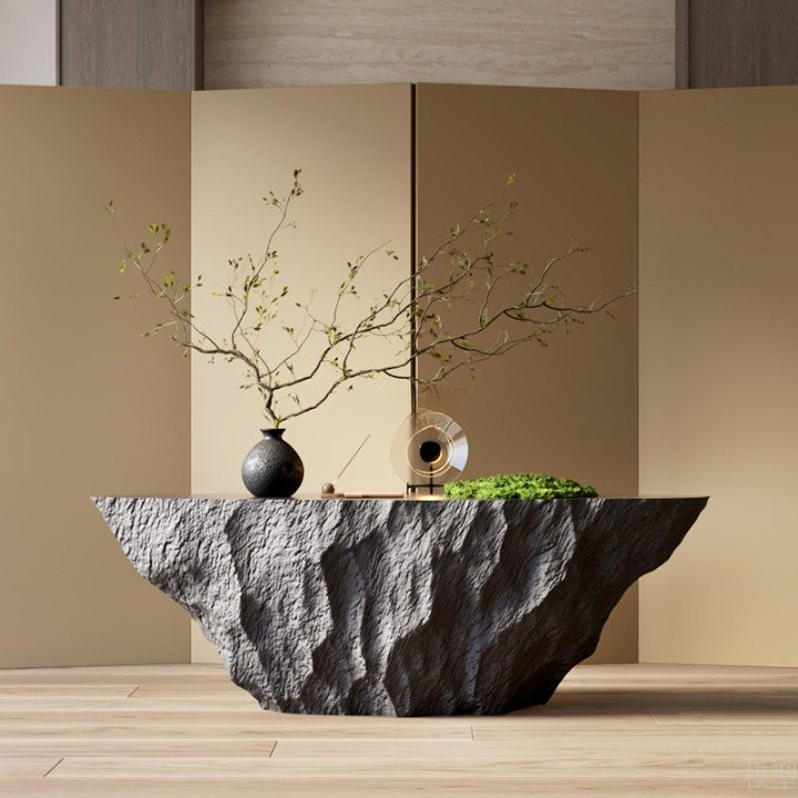 Brown Faux Fossil Coffee Table, Fiberglass Tree Stump Style Cocktail Table for Living Room, Lobby, Model Home and Sculptural Interior Décor