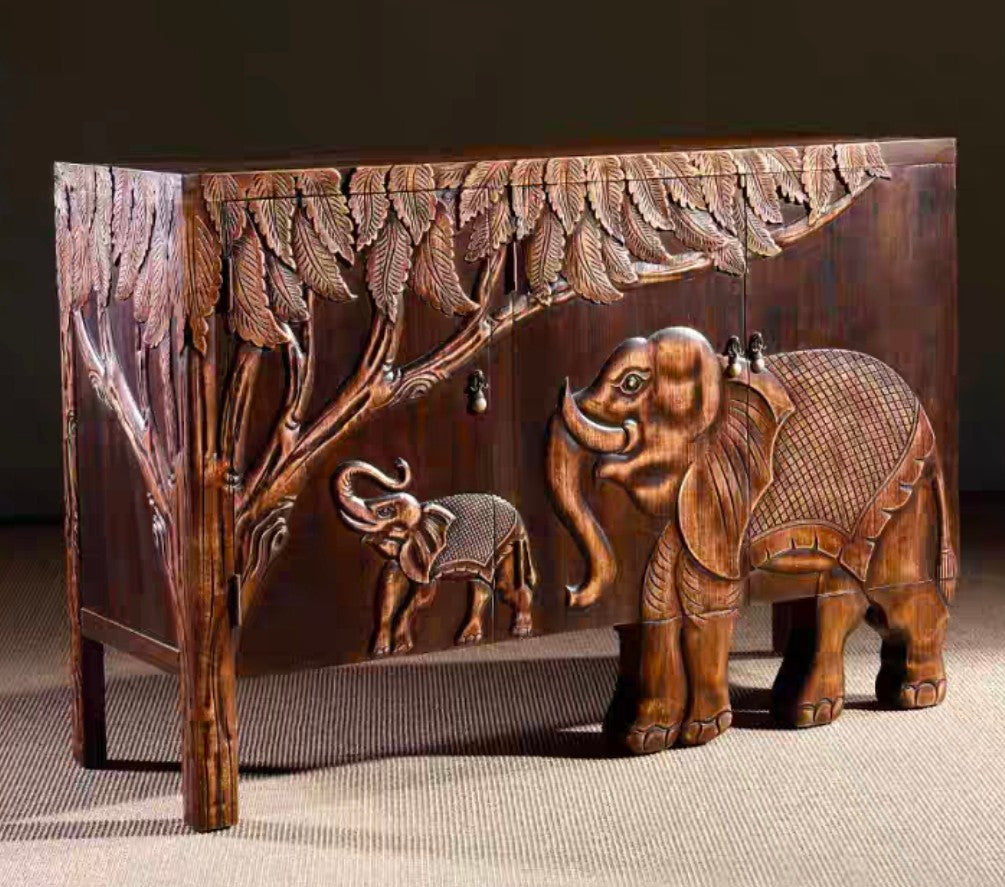 Elephant under the Tree, handcarved natural scenery solid wood storage cabinet sideboard Buffett cabinet
