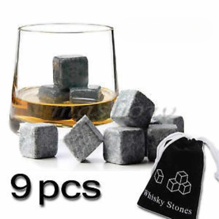 Whisky Stones Set of 9 – Reusable Chilling Rocks for Whiskey, Bourbon, Spirits & Wine with Velvet Storage Pouch, No Dilution Ice Alternative