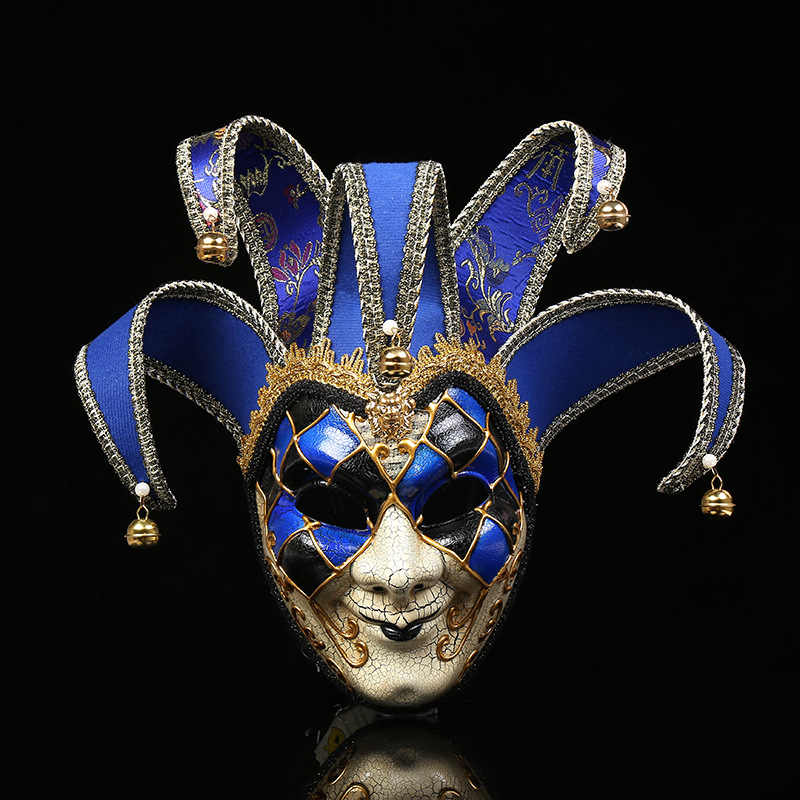 Venetian Jester Mask, Blue Crackle Finish – Halloween, Masquerade, Cosplay Performance Prop