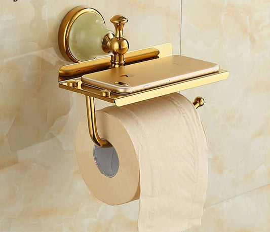 Luxury Gold Brass Toilet Paper Holder with Jade Accents & Phone Shelf, European Style Wall Mount with No-Drill Installation