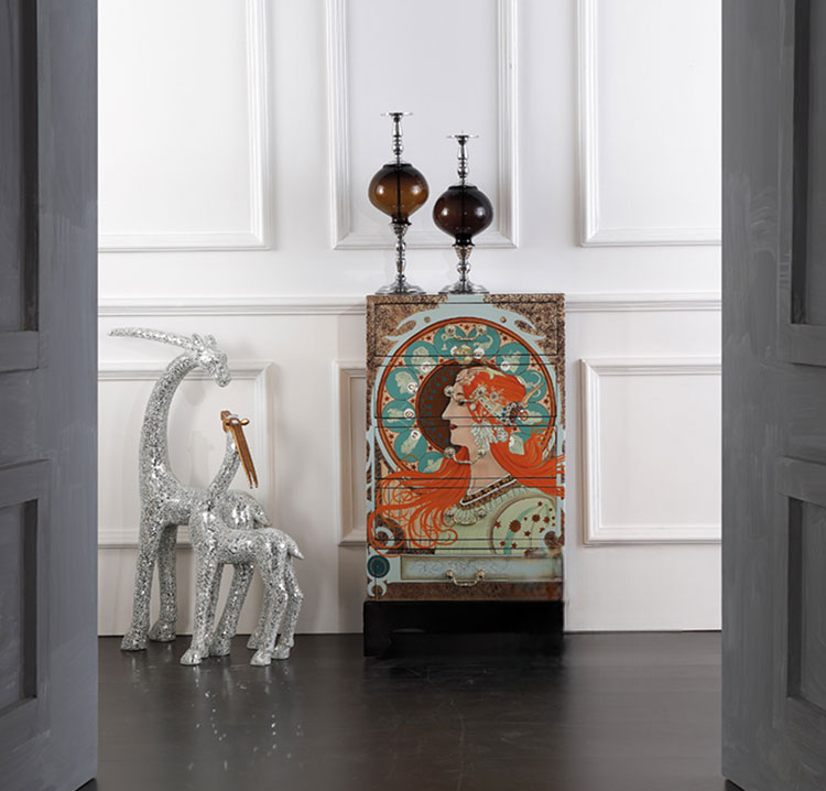 Classical European Gold Leaf Hand-Painted Five-Drawer Storage Cabinet, Villa Sample Room Roman Queen Style Artistic Decorative Cabinet