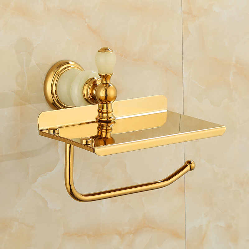 Luxury Gold Brass Toilet Paper Holder with Jade Accents & Phone Shelf, European Style Wall Mount with No-Drill Installation