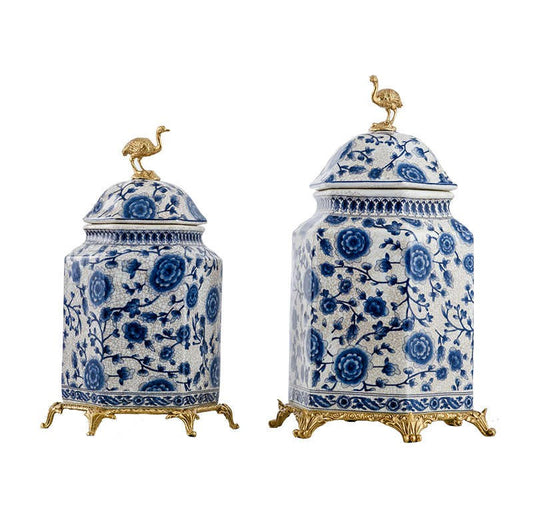 Luxury Blue & White Porcelain Ginger Jar Set with Brass Base – Jingdezhen Decorative Storage Jars, Modern Villa Entryway Centerpiece, Set of 2