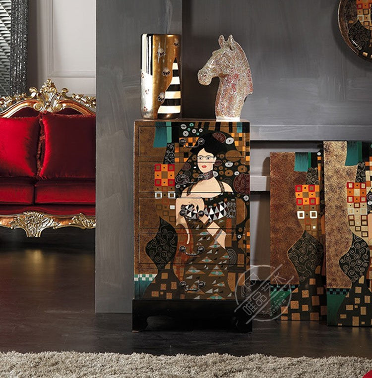 Classical European Gold Leaf Hand-Painted Five-Drawer Storage Cabinet, Villa Sample Room Noble Lady Klimt-Inspired Artistic Decorative Cabinets
