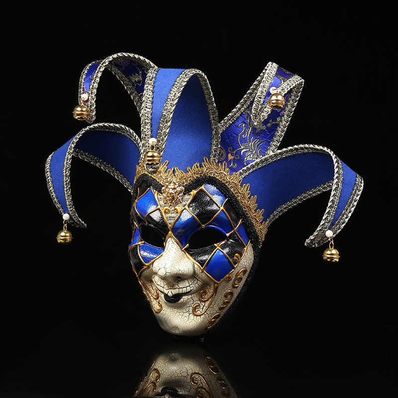 Venetian Jester Mask, Blue Crackle Finish – Halloween, Masquerade, Cosplay Performance Prop
