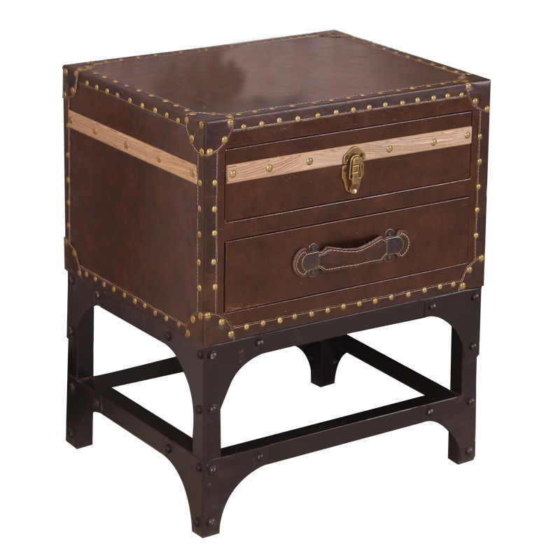 Vintage Industrial Nightstand – Retro Trunk Bedside Table, Rustic American Loft Storage Cabinet, Leather Side Table for Sofa, Hotel, Living Room