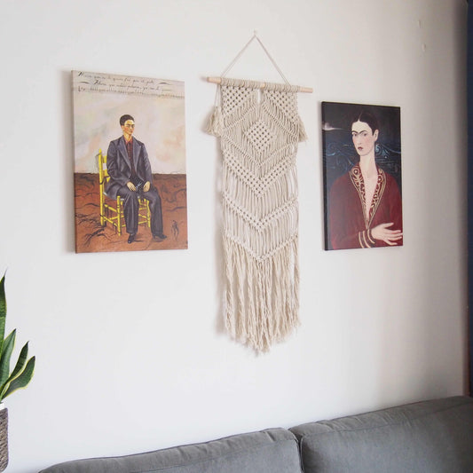 Large Handmade Geometric Macrame Wall Tapestry – Boho Cotton Rope Hanging Decor, White Chevron Pattern, Artisanal Statement for Living Room or Bedroom