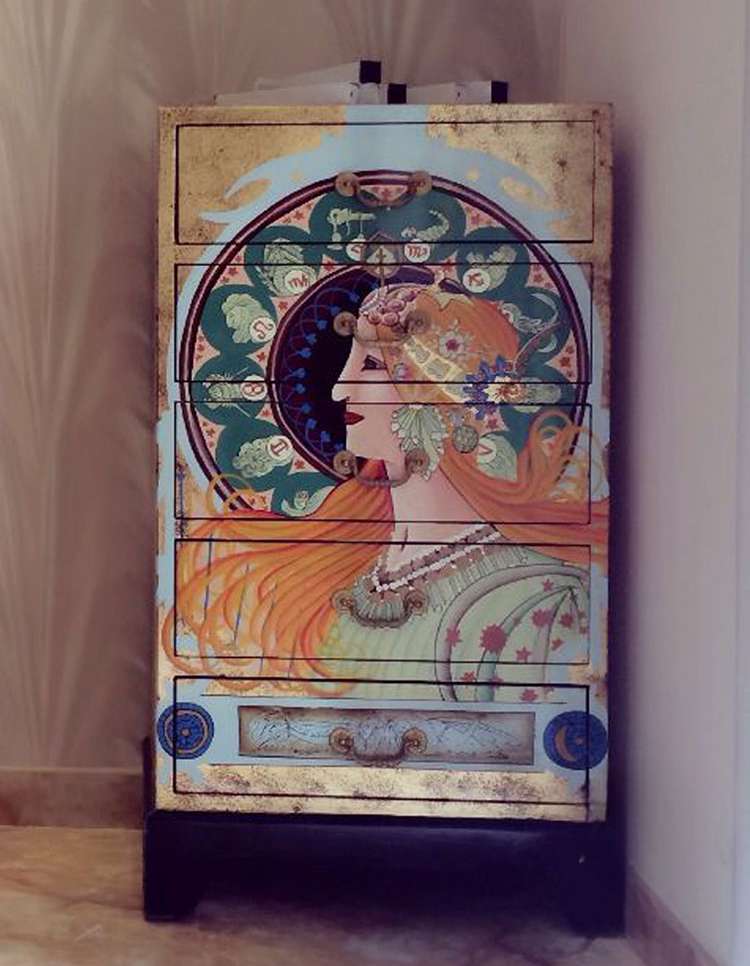 Classical European Gold Leaf Hand-Painted Five-Drawer Storage Cabinet, Villa Sample Room Roman Queen Style Artistic Decorative Cabinet