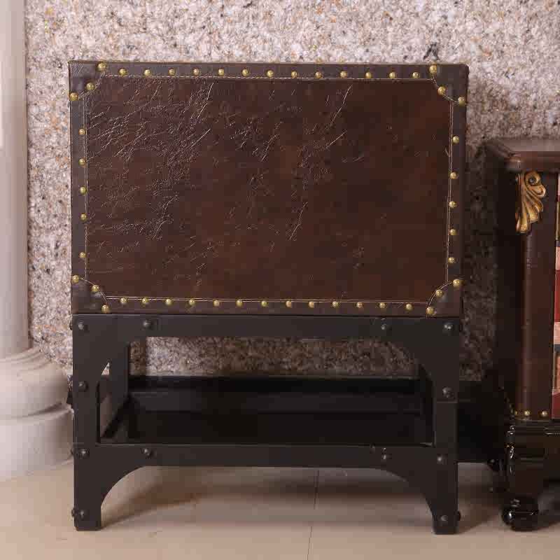 Vintage Industrial Nightstand – Retro Trunk Bedside Table, Rustic American Loft Storage Cabinet, Leather Side Table for Sofa, Hotel, Living Room