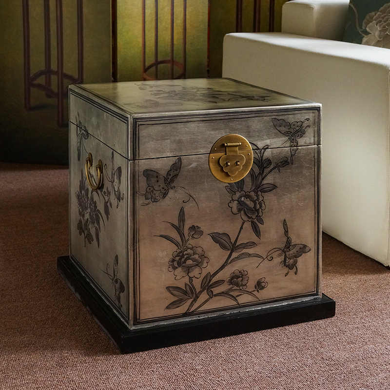 Asian Art Hand-Painted Wooden Square Side Table, New Japanese Style Living Room Tea Table with Botanical Motifs