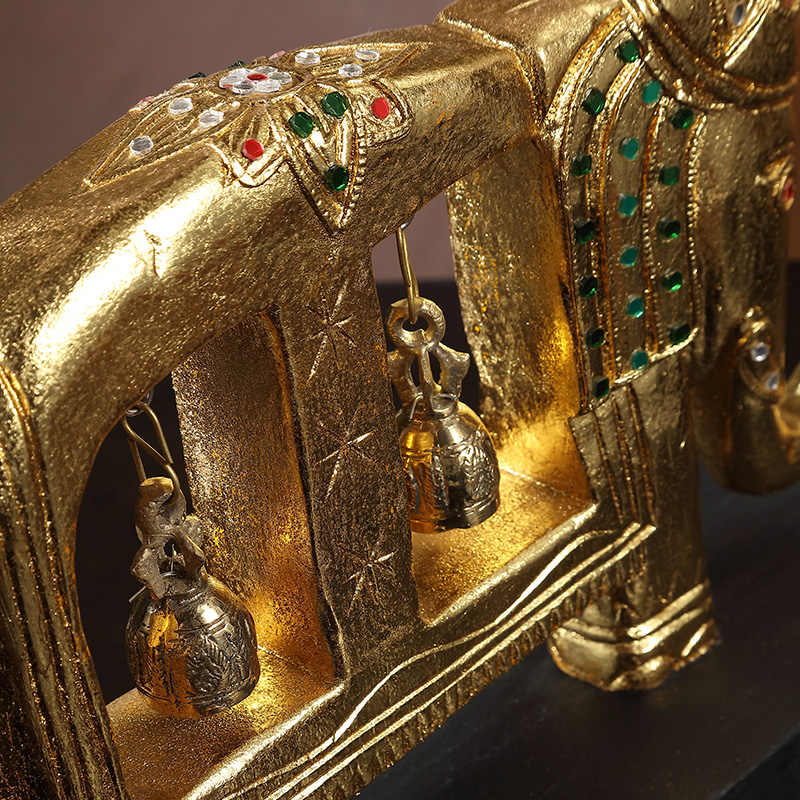 Handcrafted Golden Elephant Desktop Bell Ornament – Southeast Asian Wood Sculpture, Decorative Table Display for Beauty Salon, Restaurant, Office, Living Room