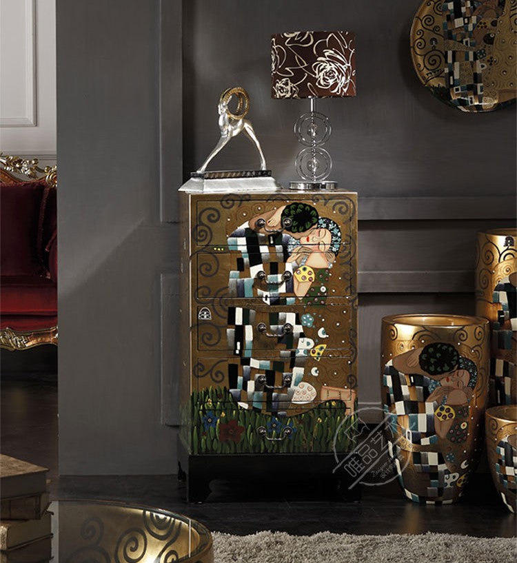 Classical European Gold Leaf Hand-Painted Five-Drawer Storage Cabinet, Villa Sample Room "The Kiss" Klimt-Inspired Artistic Decorative Cabinet