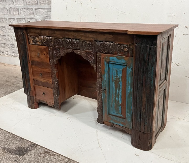 Handcrafted Rustic Solid Wood Writing Desk Vintage Farmhouse Console Table Distressed Storage Cabinet for Home Office Bedroom Living Room