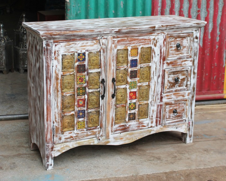 Distressed White Buddha Accent Cabinet Solid Wood Bohemian Storage Sideboard Rustic Farmhouse Cabinet for Living Room Entryway